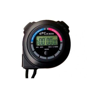 Cronómetro digital PS532 - ELICROM Digital stopwatch with a circular display showing 00:00.00, blue and pink start/stop buttons on the edge, and a strap hanging below.