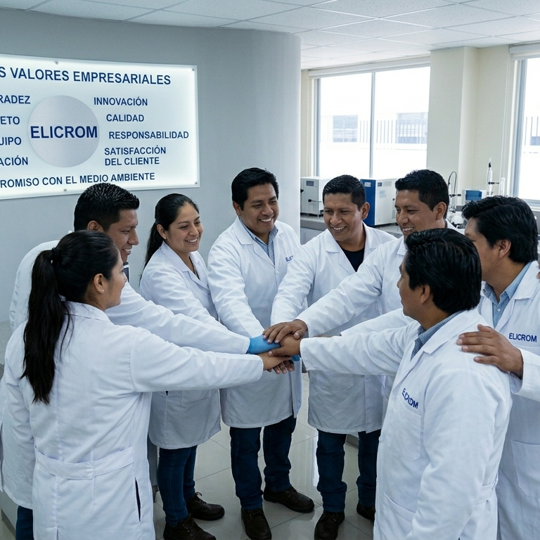 Group of scientists in white lab coats standing in a circle with hands joined, showing teamwork in a modern lab with a company sign reading ELICROM on the wall.