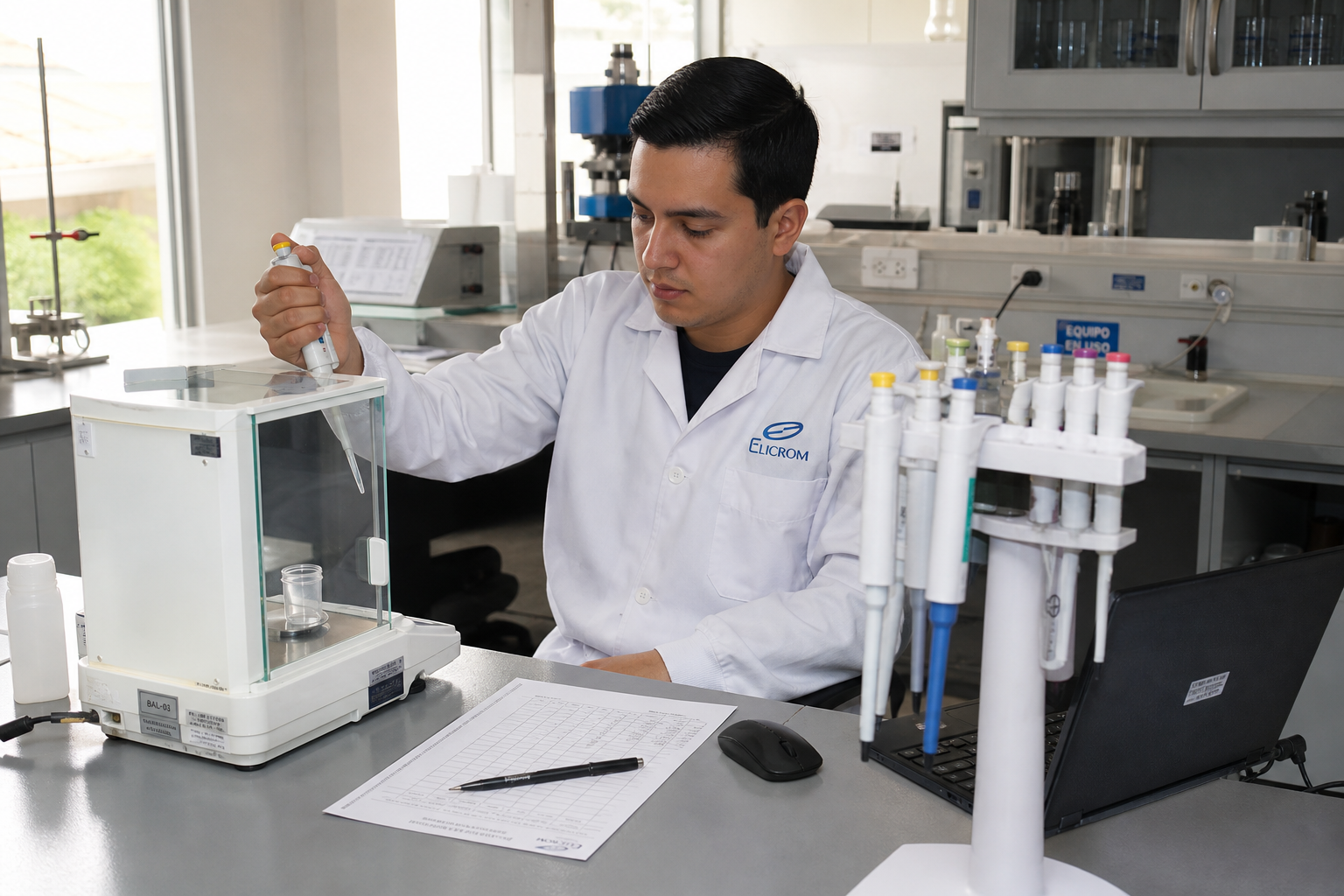 Técnico de ELICROM Chile calibrando micropipeta en Santiago