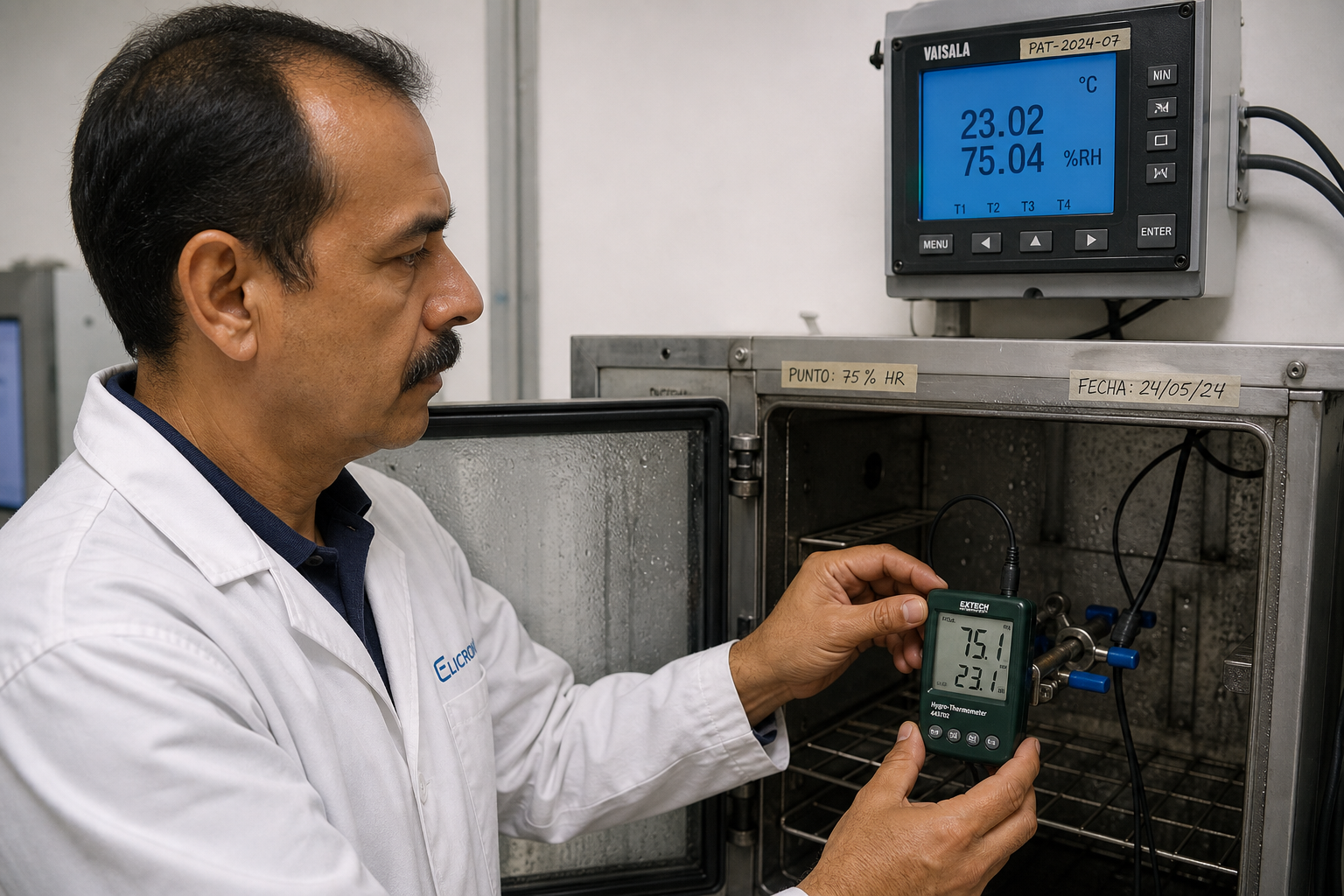 Técnico de ELICROM Chile calibrando termohigrómetro en cámara climática Santiago