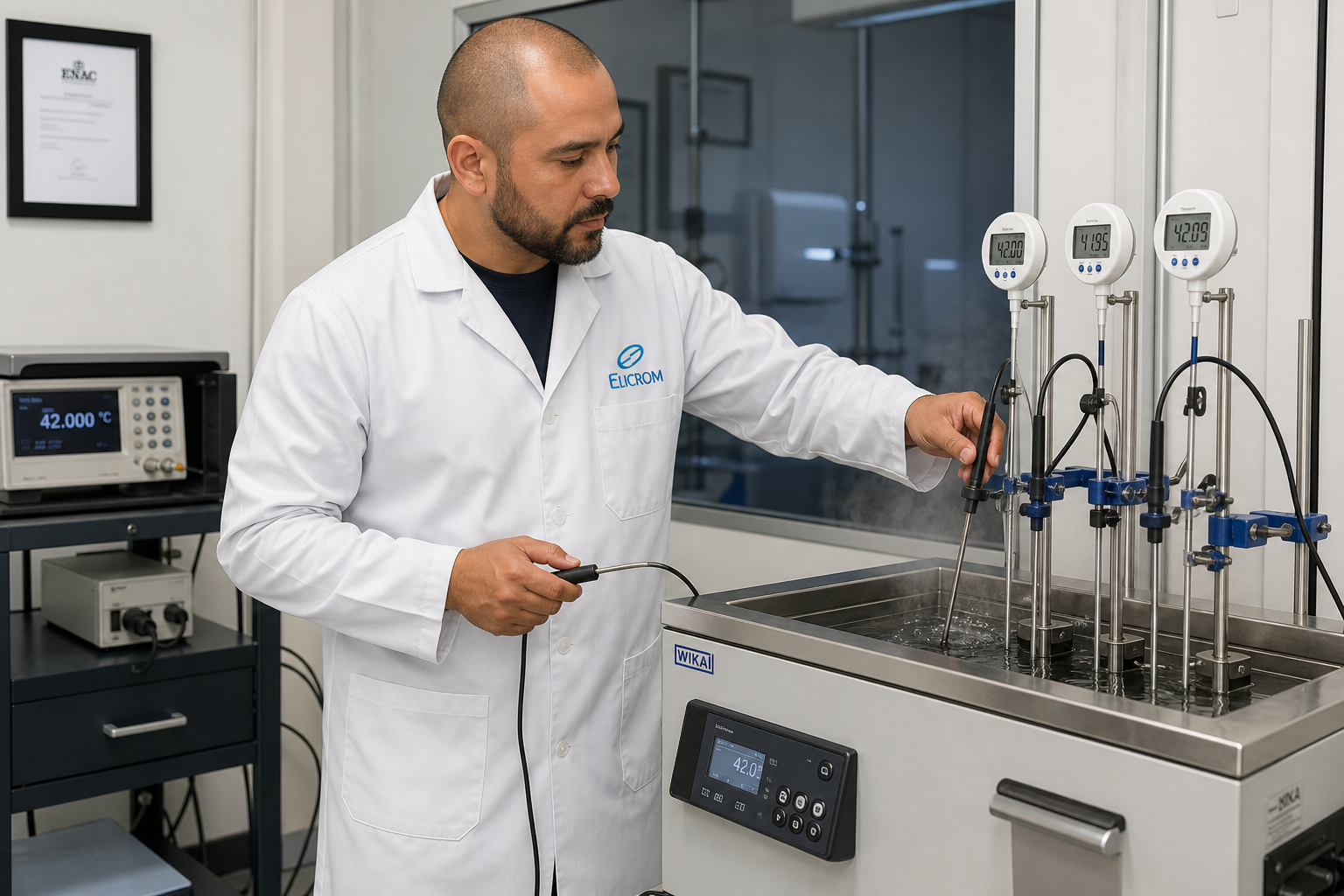 Técnico de ELICROM Chile calibrando termómetro digital en bloque de temperatura Santiago