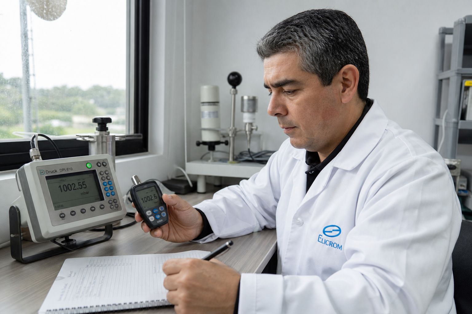 Técnico de ELICROM Chile calibrando barómetro digital en Santiago