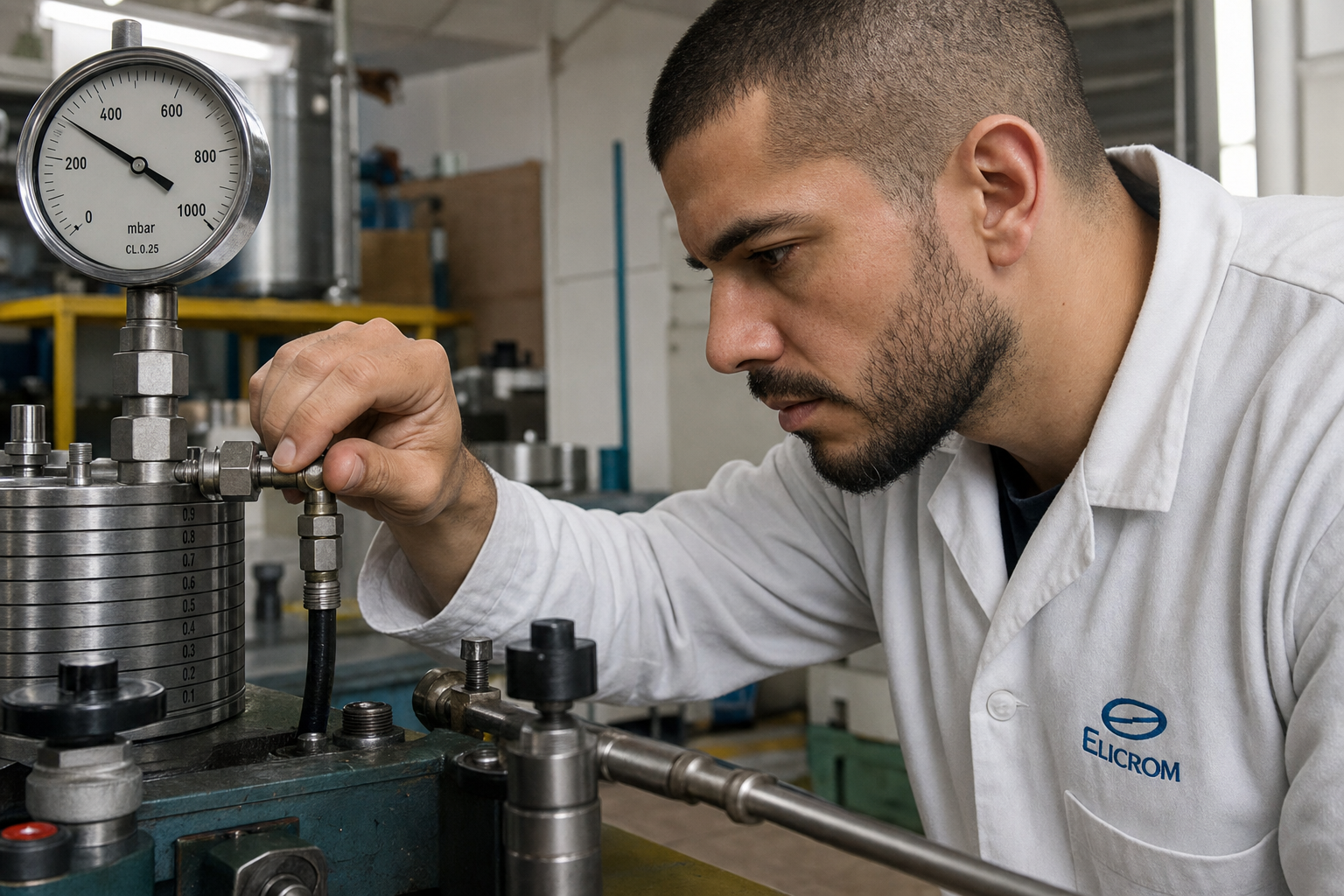 Técnico de ELICROM Chile calibrando manómetro digital en Santiago