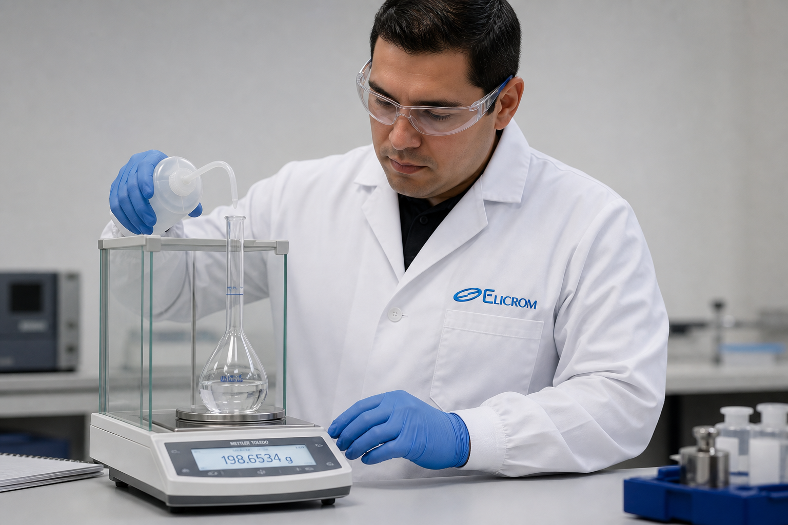 Técnico de ELICROM Chile calibrando balón de aforo y probeta graduada en Santiago