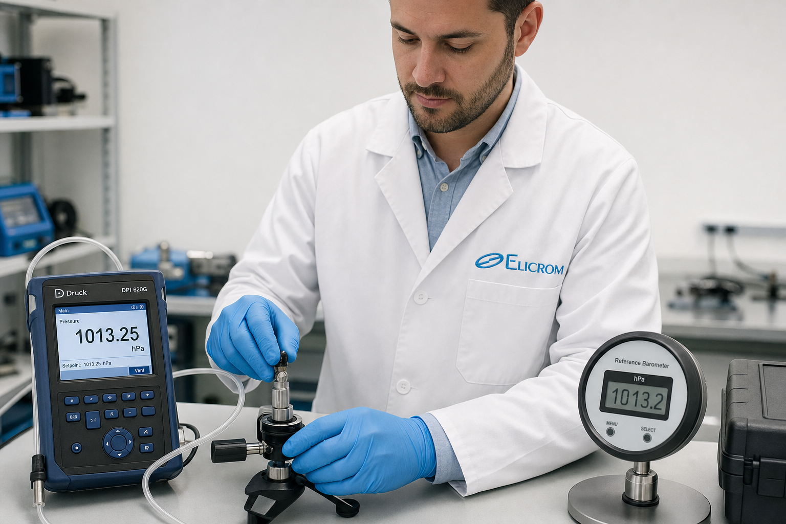Técnico de ELICROM Chile calibrando barómetro digital en Santiago