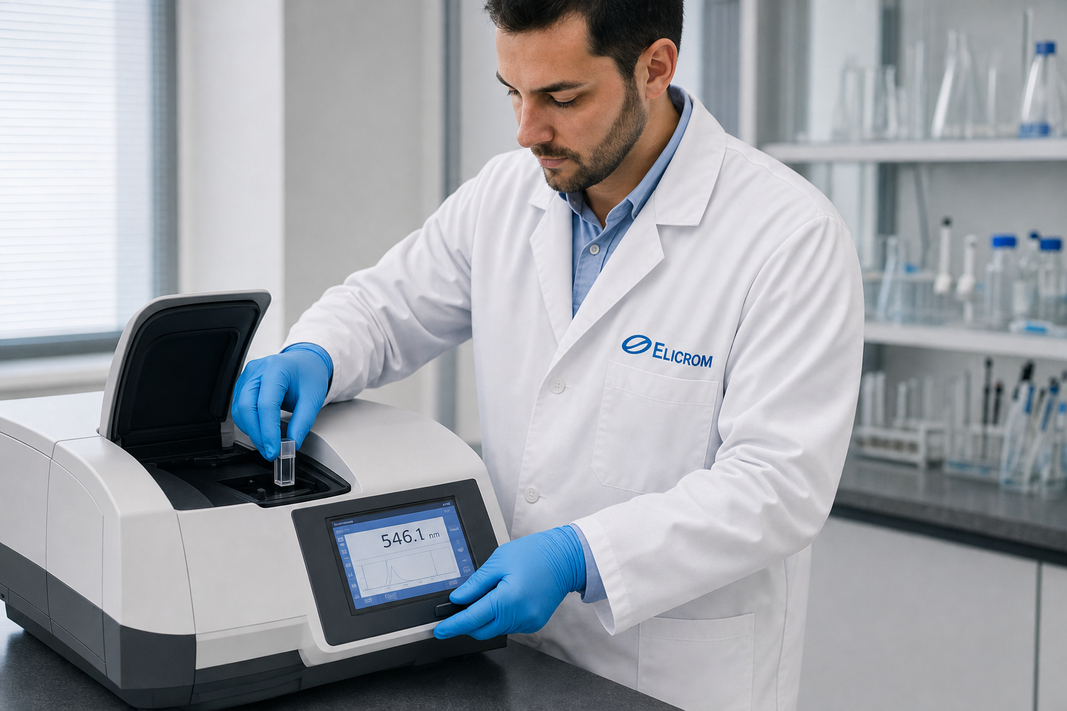Técnico de ELICROM Chile calibrando espectrofotómetro UV-VIS en Santiago