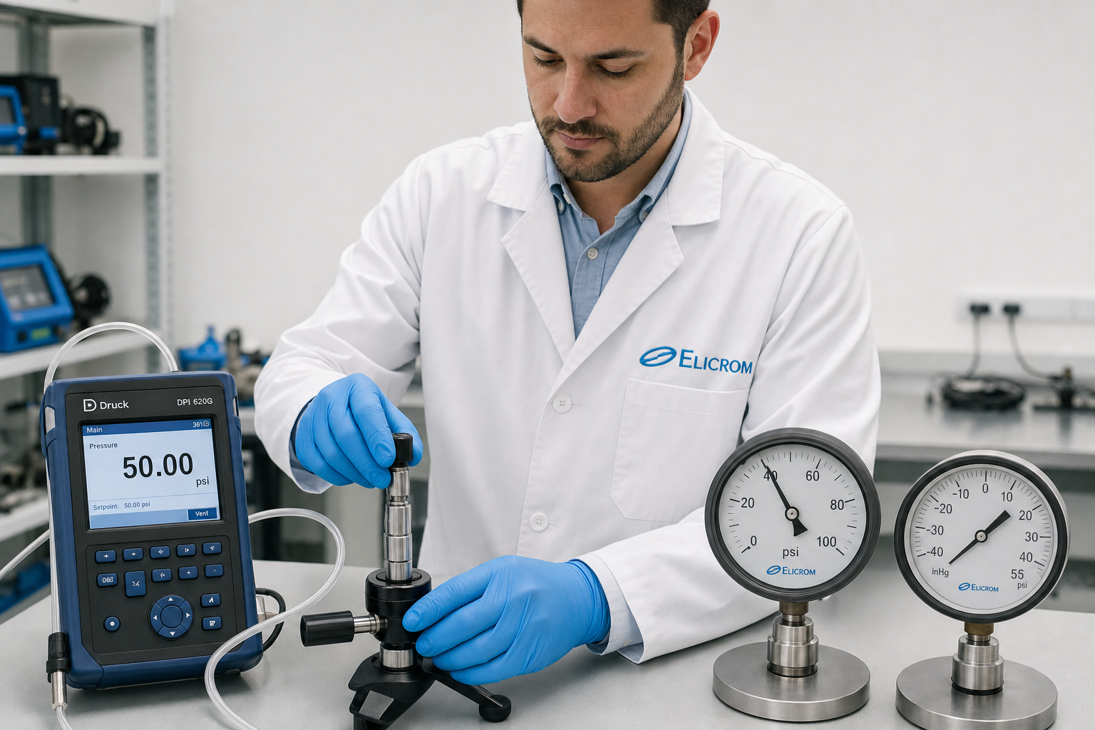 Técnico de ELICROM Chile calibrando manómetro digital en Santiago