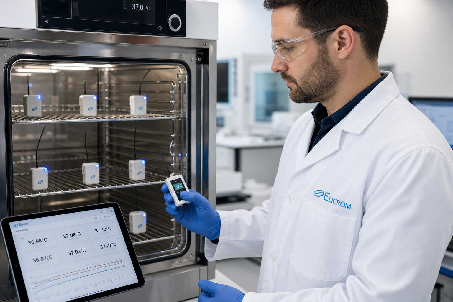 Técnico de ELICROM Chile realizando mapeo térmico en incubadora en Santiago