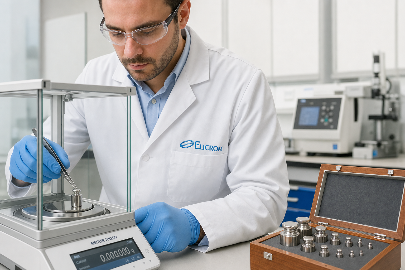 Técnico de ELICROM Chile calibrando pesas patrón OIML en Santiago