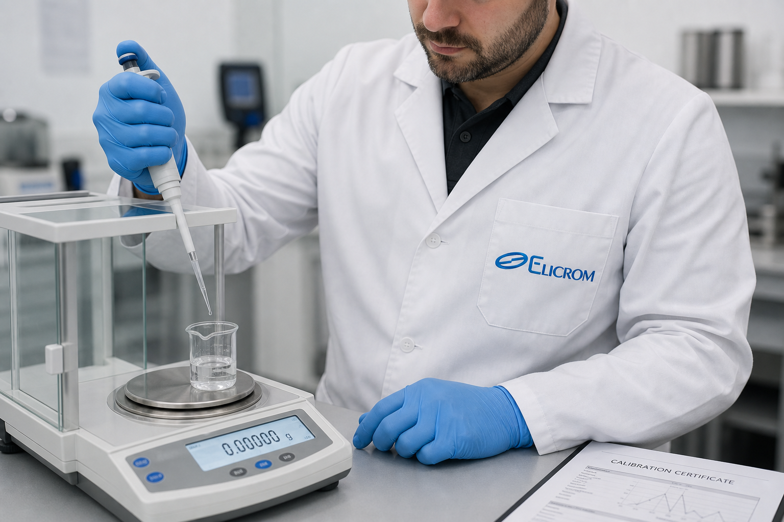 Técnico de ELICROM Chile calibrando micropipeta en Santiago