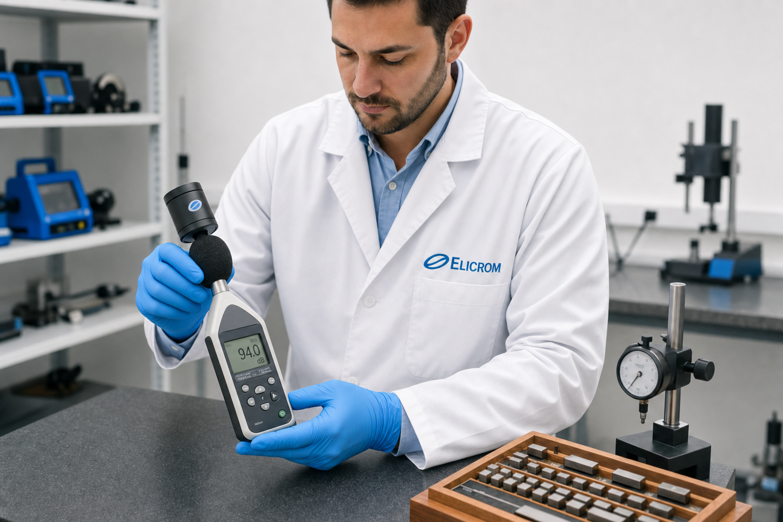 Técnico de ELICROM Chile calibrando sonómetro integrador en Santiago