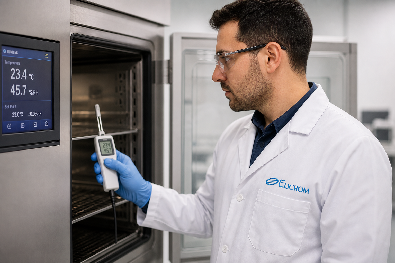 Técnico de ELICROM Chile calibrando termohigrómetro en cámara climática Santiago
