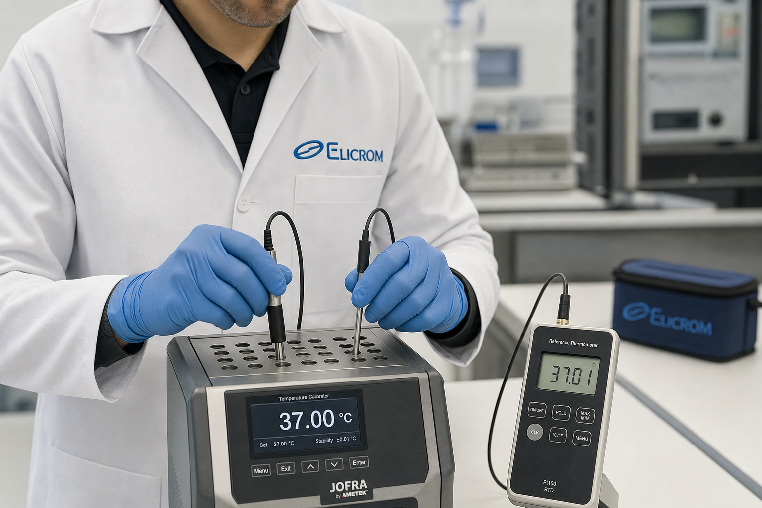 Técnico de ELICROM Chile calibrando termómetro digital en bloque de temperatura Santiago