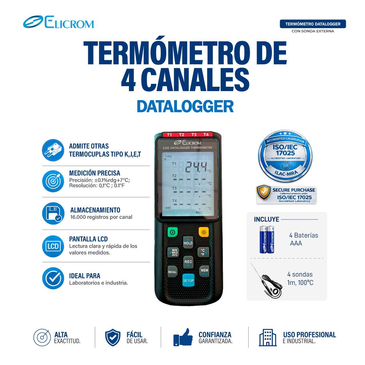 Termómetro datalogger de 4 canales, tipo K J E T - ELICROM